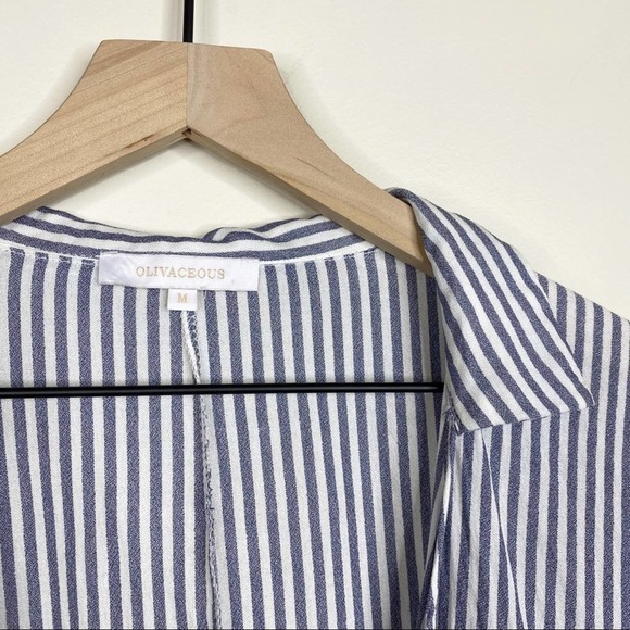 Olivaceous Lulus Blue White Striped Tie Front Plunging Neck Blouse Cover Up - Picture 6 of 7